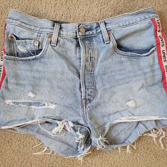 LEVI'S 501 logo stripe women's denim shorts size 30 - Picture 1 of 7